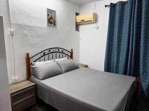 a bedroom with a bed and a blue curtain at Casa LeValois - Hidden Garden Oasis in Port-Louis in Port Louis