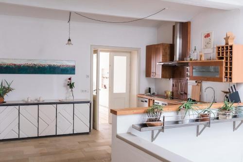 a kitchen with white walls and wooden cabinets at Historisches Bürgerhaus Hartlschuster in Neufelden