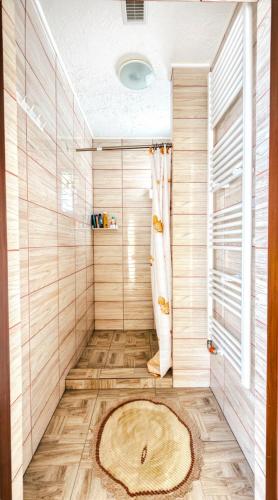 a bathroom with a shower with a rug on the floor at Tea Vendégházak in Ghiduţ
