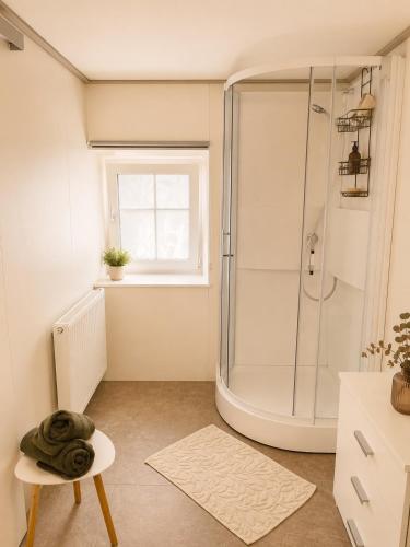 a white bathroom with a shower and a stool at Haus Erna Weitra in Weitra