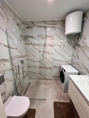 a bathroom with a shower and a toilet and a sink at Mare Sea View Suites ,One Bedroom 305 in Bečići