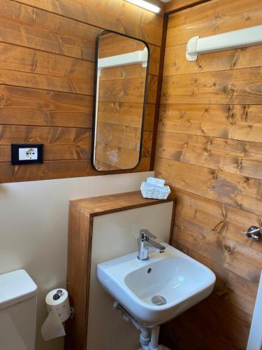 a bathroom with a sink and a mirror at Glamping - La Giara in San Demetrio Corone