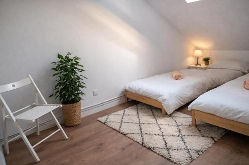 a bedroom with two beds and a potted plant at Ibón de tebarray in Escarrilla