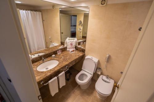 a bathroom with a sink and a toilet and a mirror at Austral Plaza Hotel in Comodoro Rivadavia