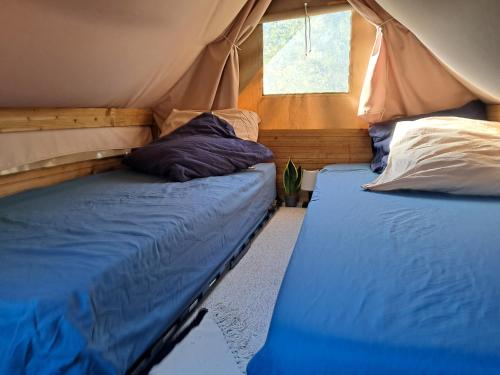 two beds in a tent in a room at Cabane Le Nid - CANAL DU MIDI in Carcassonne