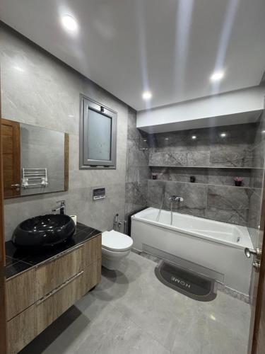 a bathroom with a sink and a tub and a toilet at Villa oasis in Houmt Souk