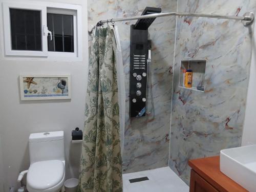 a bathroom with a shower with a phone in it at Casa Magnolia in El Socorro