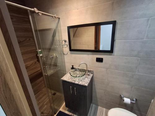 a bathroom with a sink and a shower with a mirror at Hostal Machu Picchu Medellin in Medellín