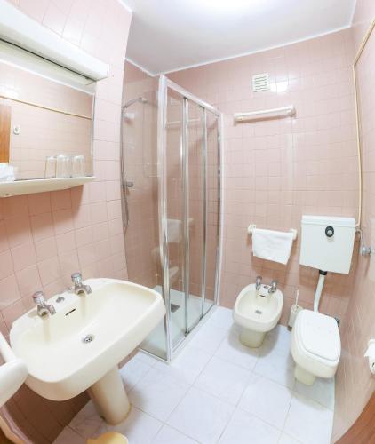 a bathroom with a sink and a toilet and a shower at São Roque Suites in Bragança