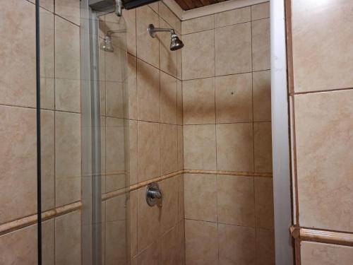 a shower stall with a glass shower door at Le Cape Nest Guest House in Parow