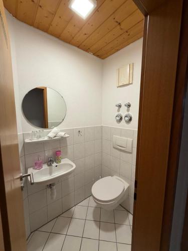 a bathroom with a toilet and a sink at Eltons Fewo beim EuropaPark 4- Zimmer Apartment in Herbolzheim