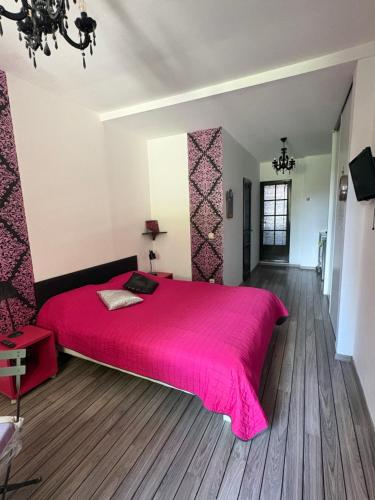 a bedroom with a pink bed in a room at La Cathare in Lézignan-Corbières