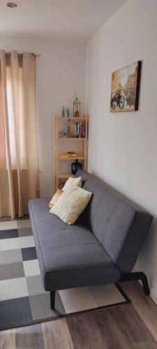 a blue couch in a living room at Ferienwohnungen Busch`s Gästehaus in Rust