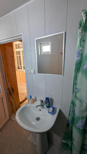 a bathroom with a sink and a mirror at Guesthouse Marshan in Ushguli