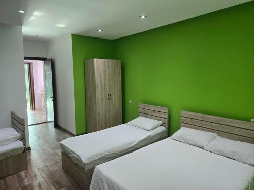 two beds in a room with green walls at Green House in Ureki