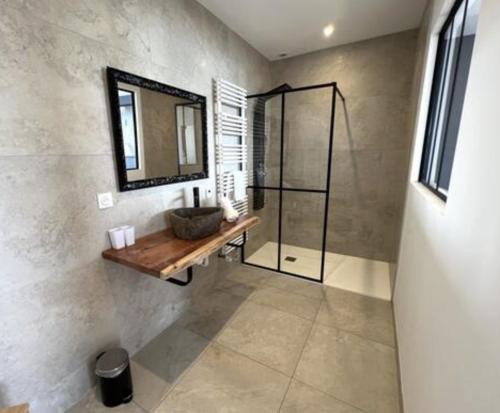 a bathroom with a sink and a glass shower at Villa les dunes in Carantec