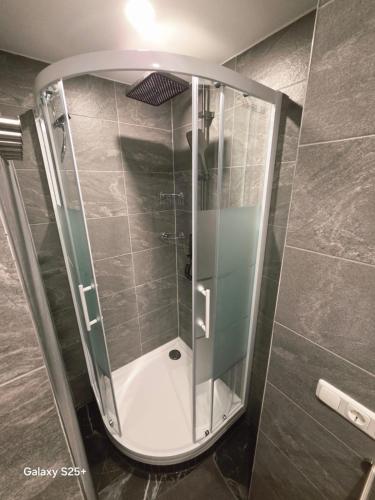 a shower with a glass door in a bathroom at Ferienwohnung Molly inclusive Hallenbad, Sauna, Fitnessstudio und Aussenpool in Sankt Englmar