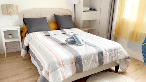 a bedroom with a bed with a striped comforter at Laurier-Rose Gîte in Châteaudun