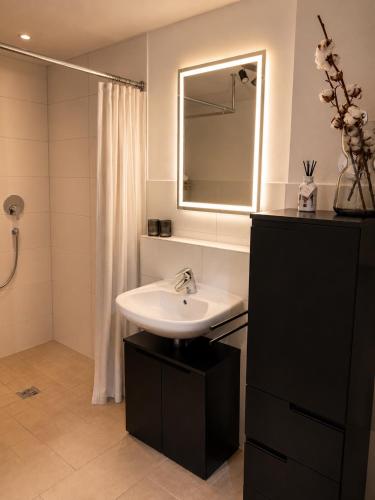 a bathroom with a white sink and a mirror at Design Apartment 6 am Titisee mit Kamin, E-Ladestation, Balkon, Top Lage in Titisee