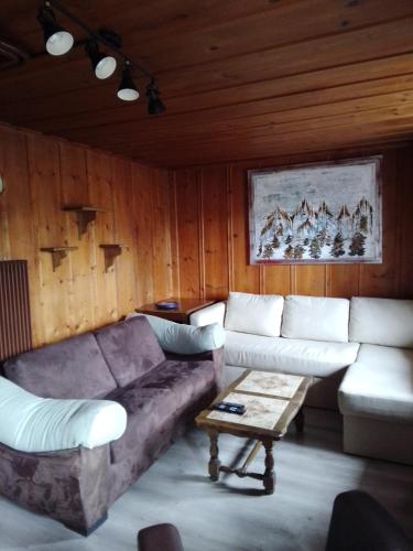 a living room with a couch and a coffee table at Hotel les Touristes in Verbier