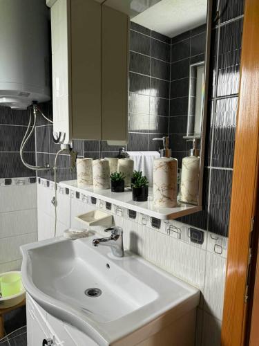 a bathroom with a sink and a mirror at Apartman Riverside Ripač in Ripač
