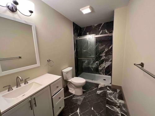 a bathroom with a sink and a toilet and a shower at Downtown Suite with Balcony in Syracuse