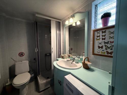 a bathroom with a sink and a toilet and a shower at Ellis house Agnanti in Kalives Poligirou