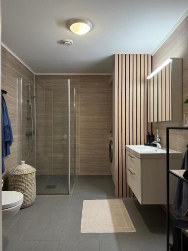 a bathroom with a shower and a toilet and a sink at Lux Apartment Gravdal in Gravdal