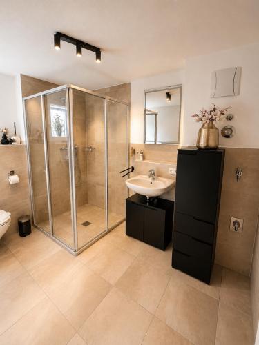 a bathroom with a shower and a sink at Design Apartment 5 am Titisee mit Kamin, E-Ladestation, Balkon, Top Lage in Titisee-Neustadt