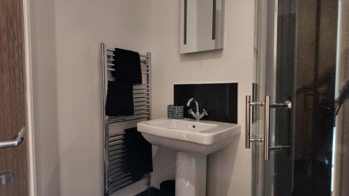 a bathroom with a white sink and a mirror at The Coach House in Alyth