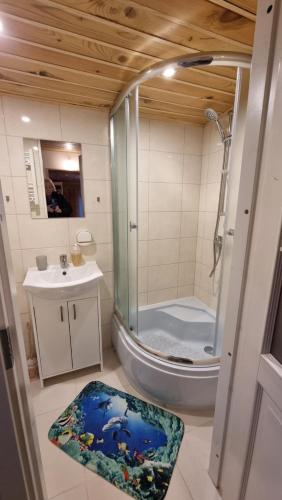 a bathroom with a shower and a toilet and a sink at Дом у моря in Suurupi