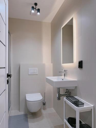 a white bathroom with a toilet and a sink at Milada 7 Suits in Brno