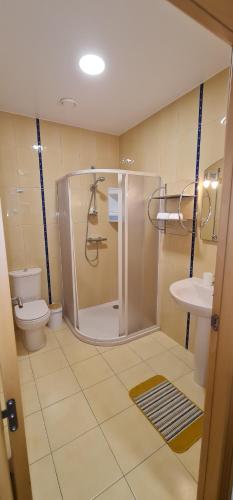 a bathroom with a shower and a toilet and a sink at Vivenda Do Relaxo '' Relax Villa " in Freiria