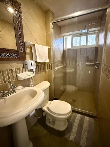 a bathroom with a toilet and a sink and a shower at CASA SÁNCHEZ in Zacatlán