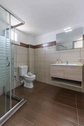 a bathroom with a toilet and a sink at Sole e Mare B1 Beachfront Sea View Apartment in Koutsourás