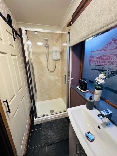 a bathroom with a shower and a sink at Pentre Country Studio in Wrexham