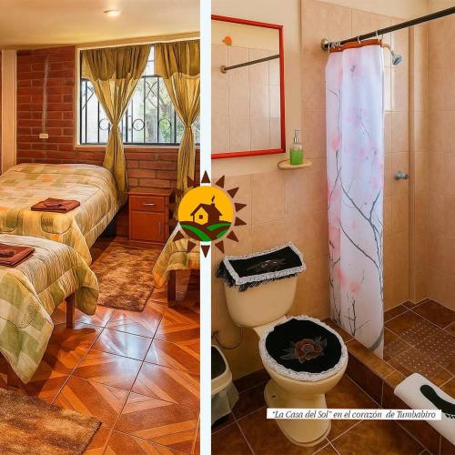 two pictures of a bedroom with a shower and a bathroom at Casa del Sol Tumbabiro in Tumbabiro