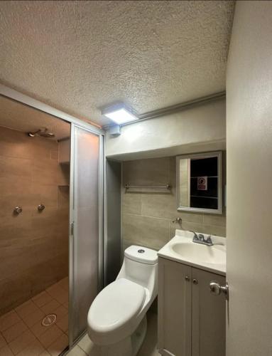 a bathroom with a toilet and a sink at Suites Central in Guadalajara