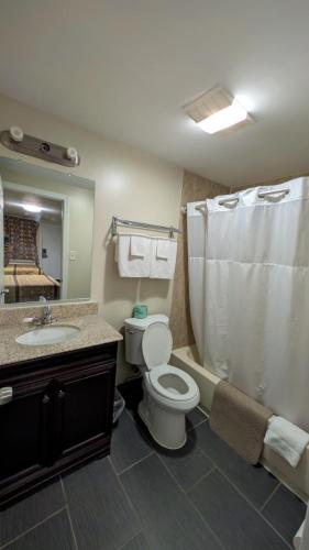 a bathroom with a toilet and a sink and a mirror at Slumberland Motel Mount Holly in Mount Holly