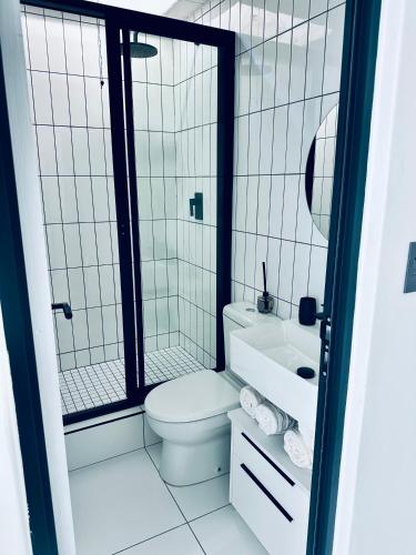 a white bathroom with a toilet and a shower at Casa RuMat in Swakopmund