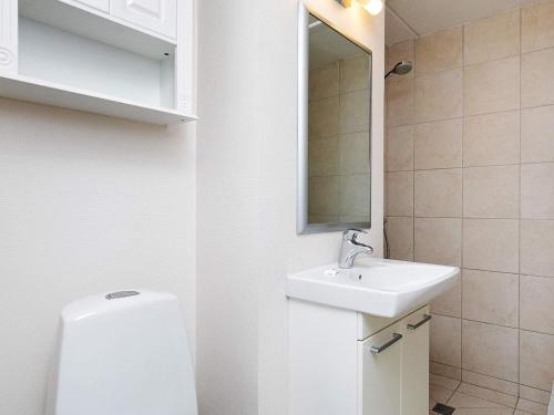 a bathroom with a sink and a toilet and a mirror at Home in Faaborg with swimming pool in Faaborg