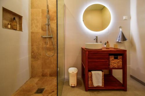 a bathroom with a sink and a shower with a mirror at Dlo Lanmou in Ducos