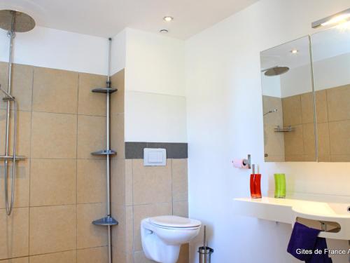 a bathroom with a toilet and a sink and a shower at Ancienne longère rénovée avec piscine privative et animaux admis - FR-1-489-201 in Échassières