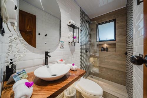 a bathroom with a sink and a toilet and a mirror at Hotel Villabosque Eco Boutique in Manuel Antonio