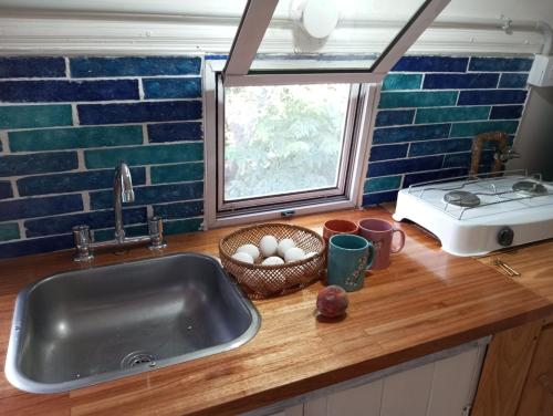 a kitchen counter with a sink and a window at Mostepa in Carpintería