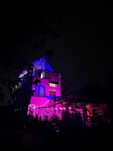 a building lit up in pink and blue at night at The Last Stop Backpackers Hostel in Auroville