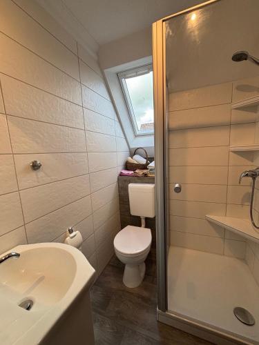 a small bathroom with a toilet and a sink at Ferienhaus Gerda Wohnung 1 in Westochtersum