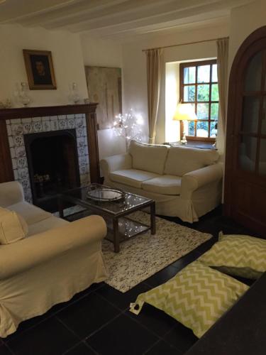 a living room with two couches and a fireplace at Le Chénia in Wanze