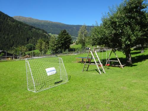 ein Feld mit einem Netz, einem Tisch und einer Schaukel in der Unterkunft Haus Hackl in Jerzens
