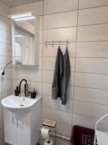 a bathroom with a sink and a mirror at Alexandra Forest Lake House in Konsu